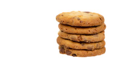 Round cookie with chocolate drops. Isolated on white background. Copy space, template.