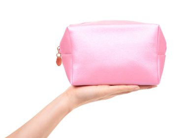 Pembe makyaj çantalı el. Cazibeli kozmetik aksesuar. Beyaz arkaplanda izole.