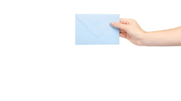 Hand Paper Envelope Mail Letter Post Isolated White Background Copy — Stok fotoğraf