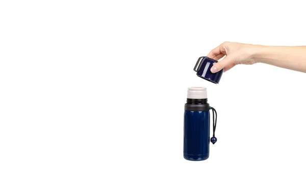 Hand Dark Blue Thermos Mug Isolated White Background Copy Space — Stockfoto