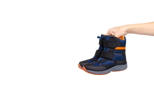 Hand Blue Orange Kids Boots Isolated White Background Copy Space — Stock Photo, Image