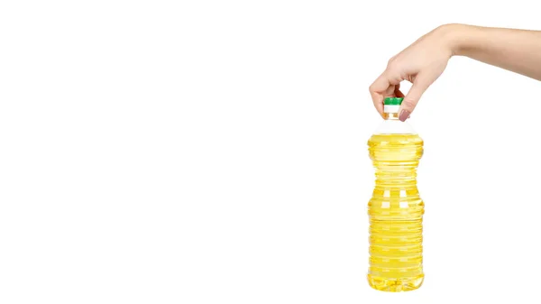 Hand Pure Sunflower Oil Plastic Bottle Seasoning Salads Isolated White — Stock Photo, Image