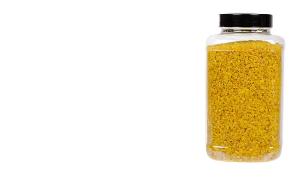 Grão Bulgur Amarelo Cru Recipiente Plástico Cereais Saudáveis Trigo Integral — Fotografia de Stock