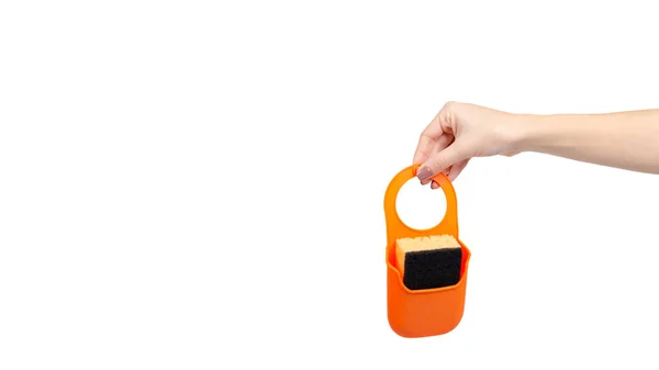 Hand Kitchen Sponge Hanger Orange Silicone Utensil Isolated White Background — ストック写真
