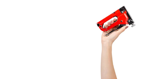 Hand Met Rode Industriële Nietmachine Meubelindustrie Hardware Geïsoleerd Witte Achtergrond — Stockfoto