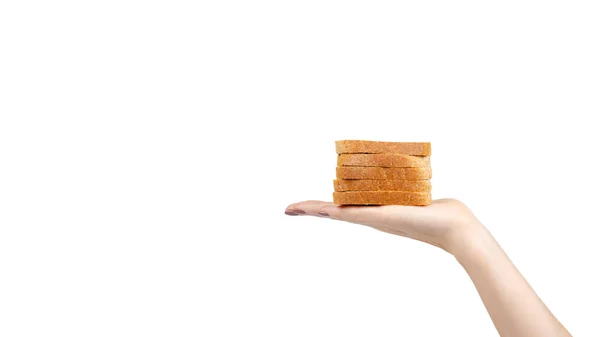 Hand Slice Whole Wheat Bread Healthy Food Isolated White Background — ストック写真