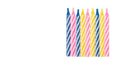 Birthday cake candle, party decoration, fun and happy. Isolated on white background. Copy space, template.