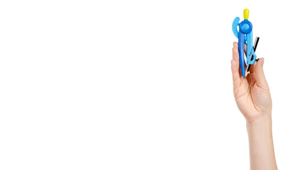 Mão Com Bússola Papelaria Plástico Azul Para Crianças Material Escolar — Fotografia de Stock