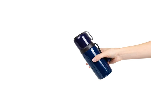 Hand Dark Blue Thermos Mug Isolated White Background Copy Space — ストック写真