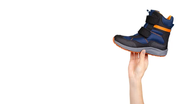 Hand Blue Orange Kids Boots Isolated White Background Copy Space — Stock Photo, Image