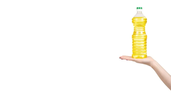 Рука Чистою Соняшниковою Олією Пластиковій Пляшці Приправа Салатів Ізольовані Білому — стокове фото