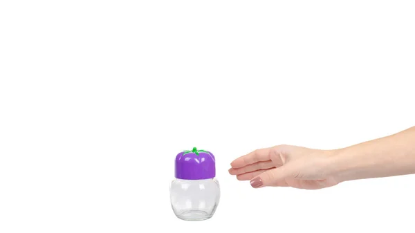 Hand Mit Leerer Glasflasche Für Gewürze Transparente Glasschablone Isoliert Auf — Stockfoto