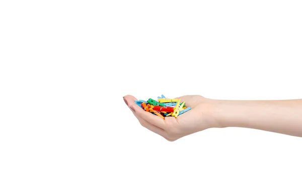 Mão Com Mini Panos Coloridos Decoração Isolado Fundo Branco Espaço — Fotografia de Stock