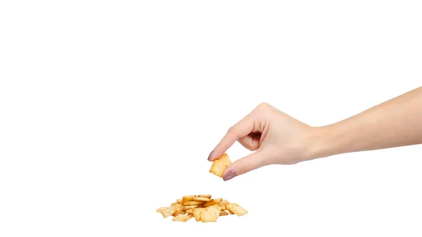 Hand Square Mini Salted Crackers Snack Food Isolated White Background — 스톡 사진