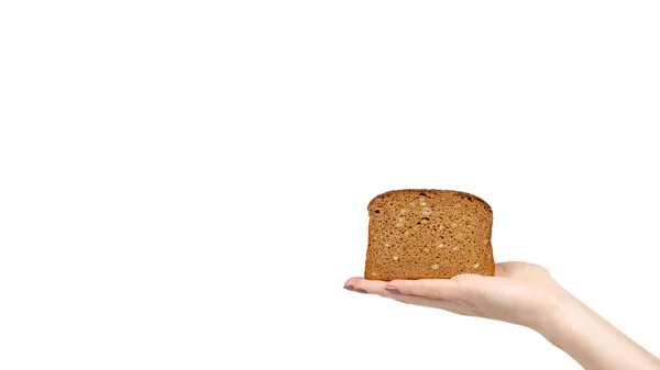 Hand Hand Met Een Sneetje Bruin Brood Met Zaden Heathy — Stockfoto
