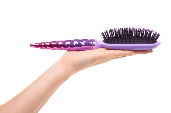 Mano Con Cepillo Púrpura Cuidado Del Cabello Belleza Aislado Sobre — Foto de Stock