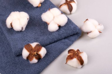 Spa fikri, gri arka planda pamuk ve havlu kompozisyonu. Düz yatıyordu.