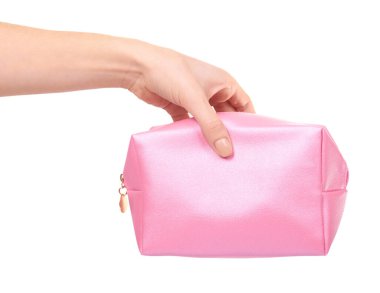 Pembe makyaj çantalı el. Cazibeli kozmetik aksesuar. Beyaz arkaplanda izole.