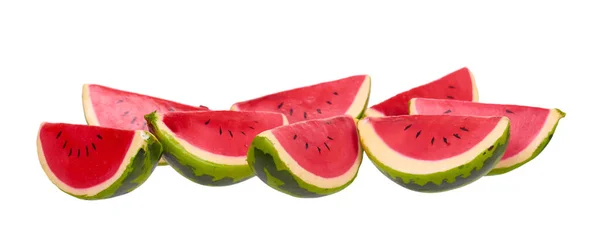 Decoratieve Houten Watermeloen Plak Geïsoleerd Witte Achtergrond — Stockfoto