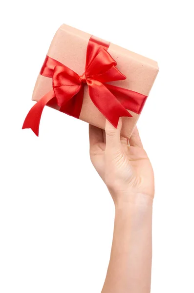 Hand Gift Box Wrapped Brown Paper Isolated White Background Royalty Free Stock Images