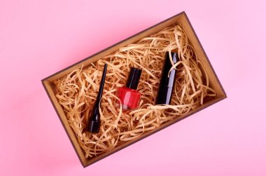 Makyaj fikri, düz fotoğraf. Kozmetik aksesuar.