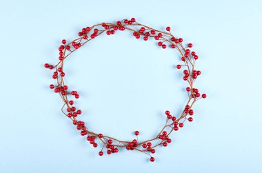 Kırmızı böğürtlen mavi arka plan kompozisyonu, düz serili fotoğraf.