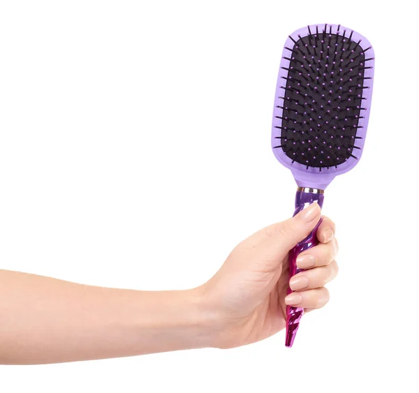 Hand Purple Hairbrush Hair Care Beauty Isolated White Background — Stock Photo, Image