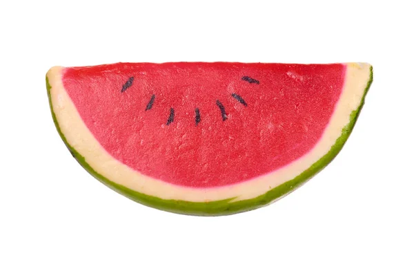 Dekorative Hölzerne Wassermelonenscheibe Isoliert Auf Weißem Hintergrund — Stockfoto
