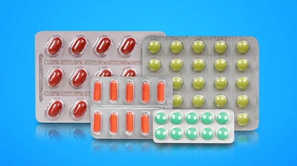 青い背景に丸薬で医療セット 医薬品のコンセプトイメージ — ストック写真