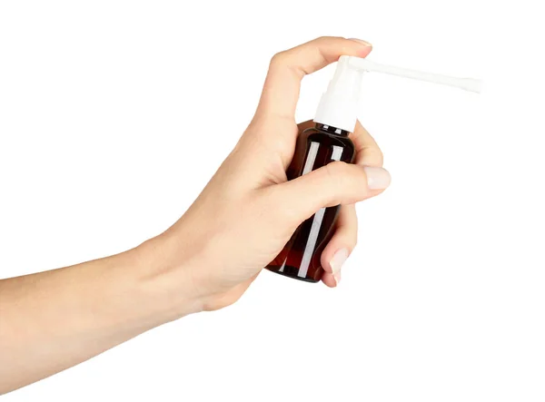 Halsschmerzen Spray Mit Der Hand Glasflasche Isoliert Auf Weißem Hintergrund — Stockfoto