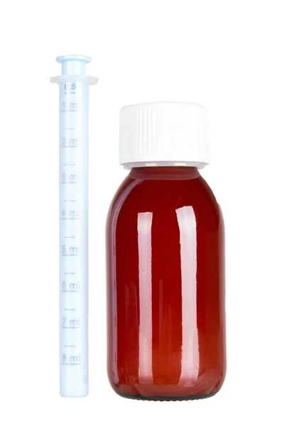 Sciroppo Antipiretico Bambini Bottiglia Vetro Isolato Sfondo Bianco — Foto Stock