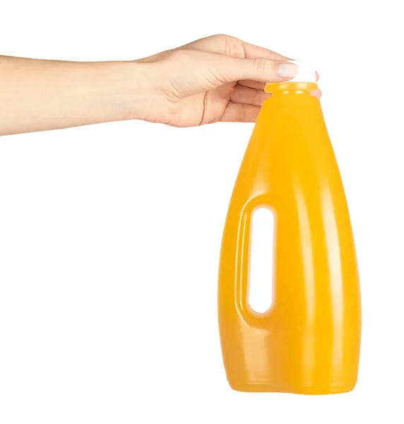 Οργανικός Χυμός Μάνγκο Μπουκάλι Χέρι Απομονωμένα Λευκό Φόντο — Φωτογραφία Αρχείου