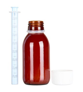 Cam şişedeki çocuk antipiretik şurubu. Beyaz arkaplanda izole.