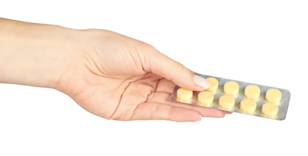 Желтые Таблетки Волдыре Рукой Изолированный Белом Фоне — стоковое фото