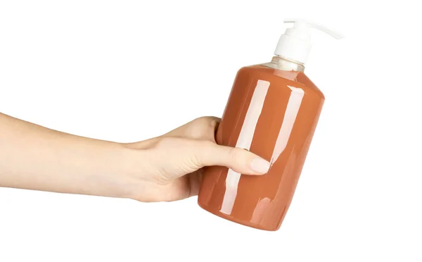 Sapone Antibatterico Liquido Bottiglia Con Mano Isolato Sfondo Bianco — Foto Stock