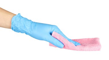 Plastik eldivenli renkli temizlik bezi. Beyaz arkaplanda izole.
