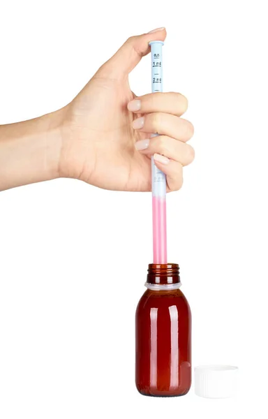 Kind Fiebersenkenden Sirup Glasflasche Mit Der Hand Isoliert Auf Weißem — Stockfoto