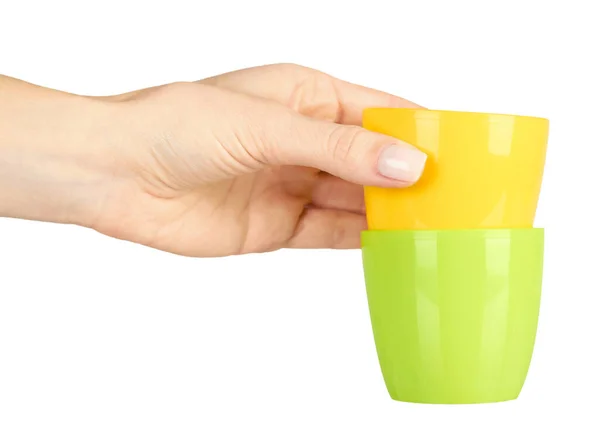 Pote Plástico Colorido Para Plântulas Com Mão Isolado Sobre Fundo — Fotografia de Stock