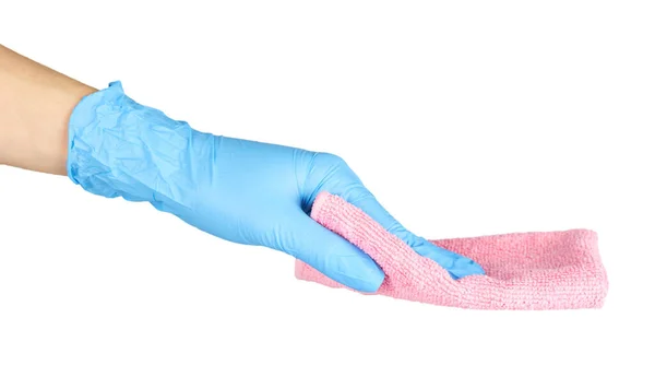Gekleurde Schoonmaakdoek Met Hand Rubberen Handschoen Geïsoleerd Witte Achtergrond — Stockfoto