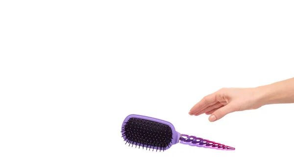 Hand Purple Hairbrush Hair Care Beauty Isolated White Background Copy — Stock Photo, Image