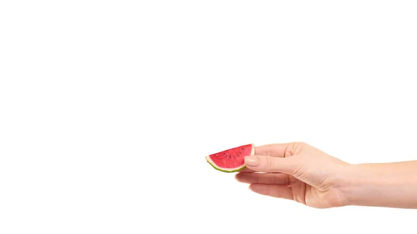 Hand Mit Dekorativer Hölzerner Wassermelonenscheibe Vereinzelt Auf Weißem Hintergrund Kopierraum — Stockfoto