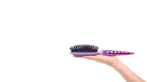 Hand Purple Hairbrush Hair Care Beauty Isolated White Background Copy — Stock Photo, Image