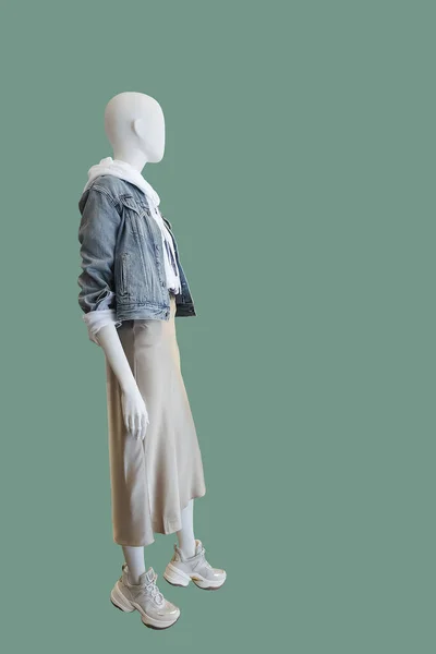 Plná Ženská Figurína Oblečená Neformálním Oblečení Izolovaná Zeleném Pozadí Žádné — Stock fotografie