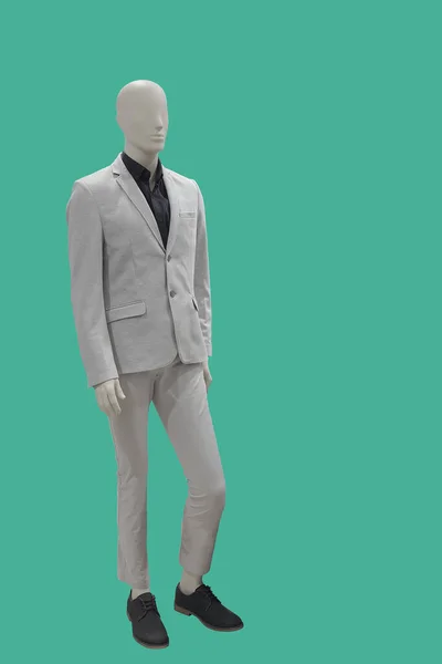 Manequim Masculino Comprimento Total Vestido Terno Cinza Isolado Fundo Verde — Fotografia de Stock