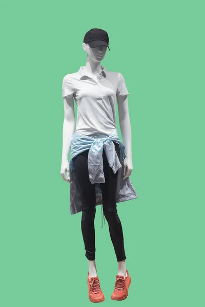 Повнометражний Жіночий Маннекін Одягнений Модний Одяг Ізольований Зеленому Тлі Немає — стокове фото