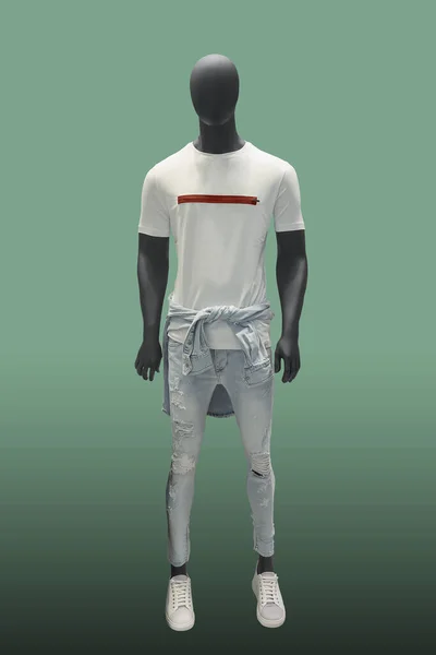 Volledige Mannelijke Mannequin Gekleed Casual Kleding Geïsoleerd Groene Achtergrond Geen — Stockfoto