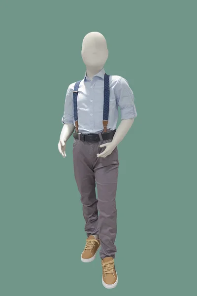 Manichino Bambino Figura Intera Vestito Con Camicia Blu Pantaloni Marroni — Foto Stock