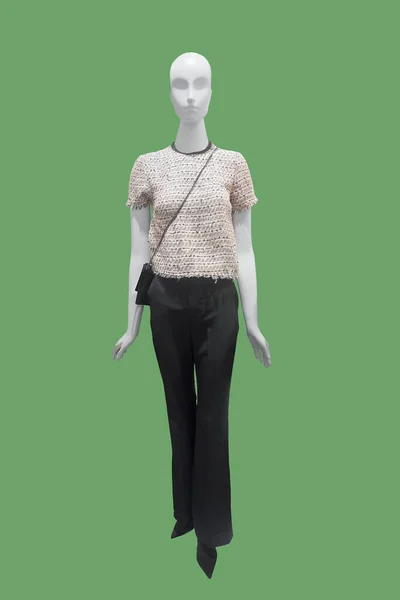 stock image Full length female mannequin dressed in fashionable clothes, isolated on green background. No brand names or copyright objects.