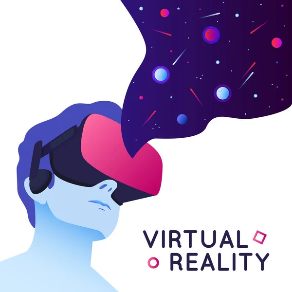 带着虚拟现实耳机的人的矢量图解。用平面形式的空间元素的VR现代图解 — 图库矢量图片