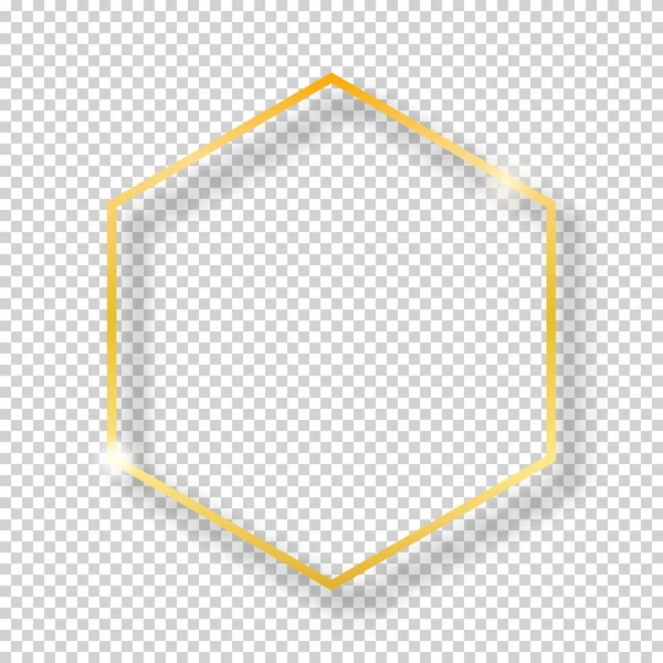 Vector golden shiny vintage hexagon frame isolated on transparent background. Luxury glowing realistic border — Stock Vector